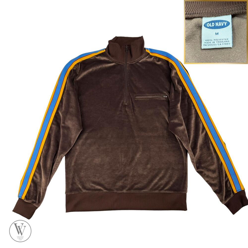 Men’s Y2K Vintage Old Navy Brown Velour 1/4 Zip Track Jacket Size M Arm Stripe